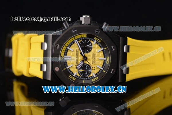Audemars Piguet Royal Oak Offshore Diver Chronograph Clone AP Calibre 3126 Automatic PVD Case Yellow Dial Yellow Rubber Strap and Stick Markers (EF) - Click Image to Close